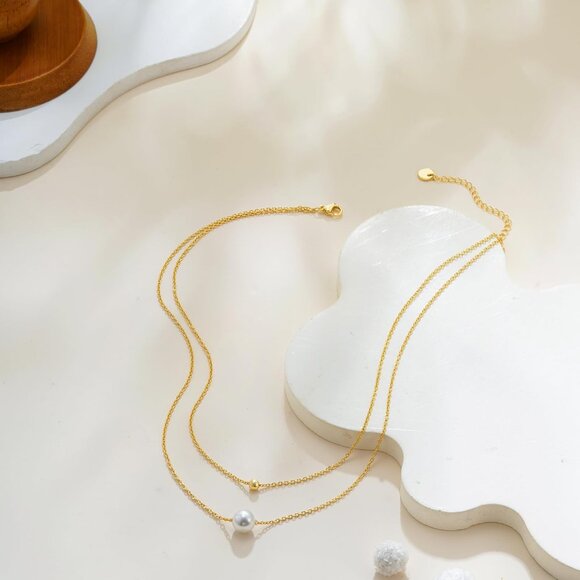 14K Gold Plated Dainty Pearl Necklace - 16'' with Extender for Versatile Wear - Picture 5 of 7